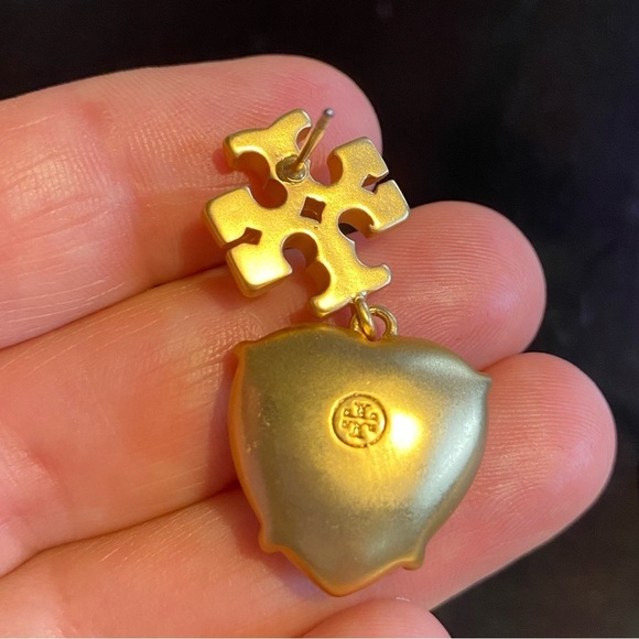 Tory Burch Kira Crystal faceted heart drops hanging from TB logo studs - Picture 8 of 10